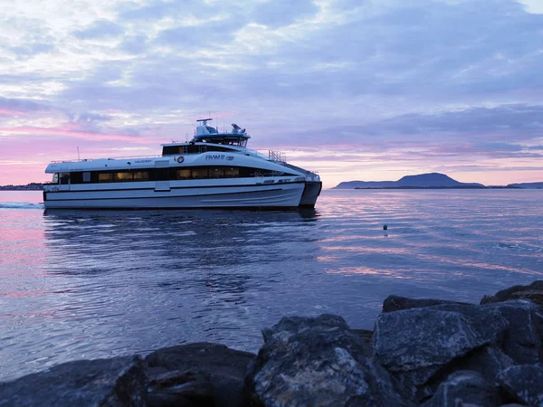 Alesund Norway July 2019 Contemporary Ship Landscapes Bay Rocks Seen — Fotografia de Stock