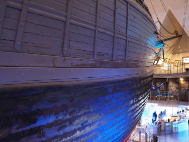 OSLO, NORWay, Temmuz 2019: Norveç 'in Avrupa Oslo başkentinde kutup seferlerinde kaşif Roald Amundsen tarafından kullanılan ahşap Fram gemisinin ayrıntıları.