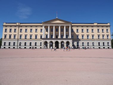 Norveç 'in Ostlandet ilçesindeki Avrupa' nın başkenti Oslo 'daki saray 2019' da açık mavi gökyüzü ile güneşli bir yaz günü.