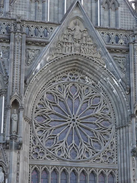 Detail West Front Portal Rose Window Cathedral European City Trondheim — Stock Photo, Image