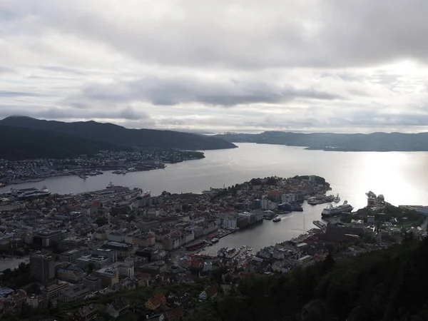 Cityscape European Bergen City Fjord Hordaland District Norway Cloudy Sky — 스톡 사진