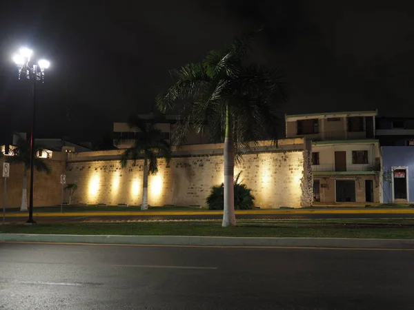 Street view with lights at night in San Francisco de Campeche city in Mexico in 2018 on February, North America.