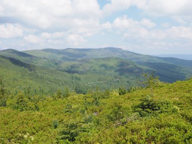 Silezya Beskids Dağları, Polonya 'nın Szczyrk kentinin yukarısındaki Salmopol geçidi yakınlarındaki manzaralar, Haziran' ın sıcak ve güneşli 2019 'da bulutlu bir gökyüzü..