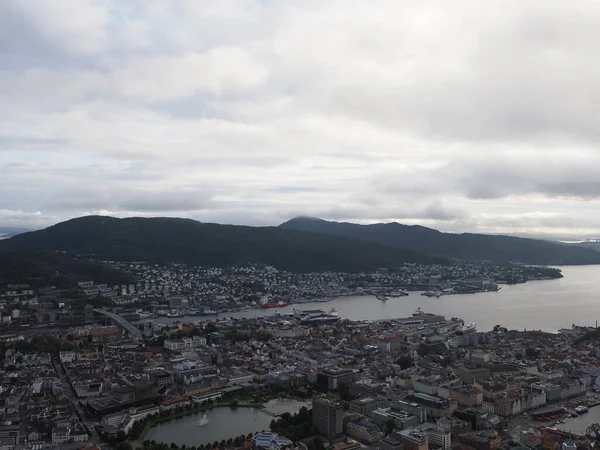 Townscape European Bergen City Fjord Hordaland District Norway Cloudy Sky — 스톡 사진
