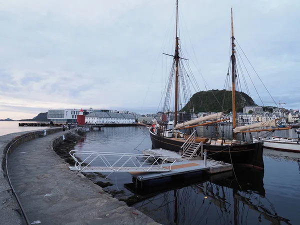 Old Wooden Ship European Alesund Town Romsdal Region Norway Cloudy — Foto de Stock