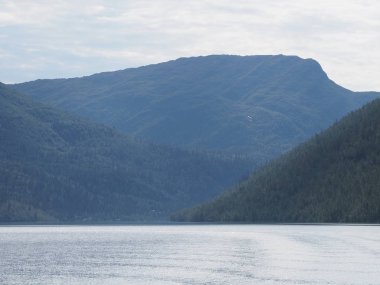 Norveç 'in Nordland ilçesinde Avrupa' nın Svartisen buzulu yakınlarındaki dağ manzaraları ve Svartisvatnet gölü, Temmuz 'un soğuk yaz günü 2019' da bulutlu gökyüzü.