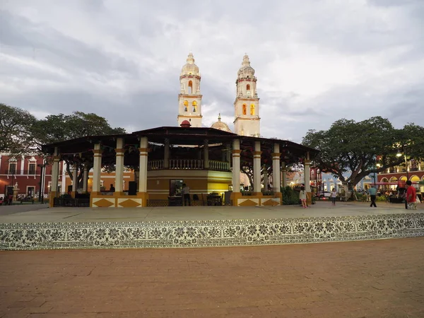 Main Square Cathedral San Francisco Campeche City Mexico Cloudy Sky — Foto Stock