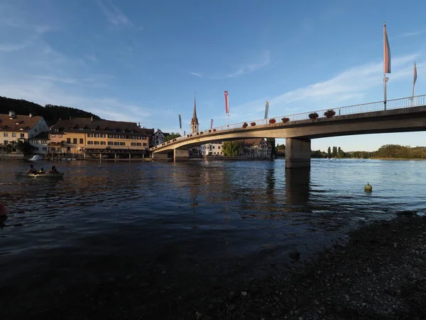 Stein Rhein Switzerland August 2018 Boat Road Bridge Sun Set — Φωτογραφία Αρχείου