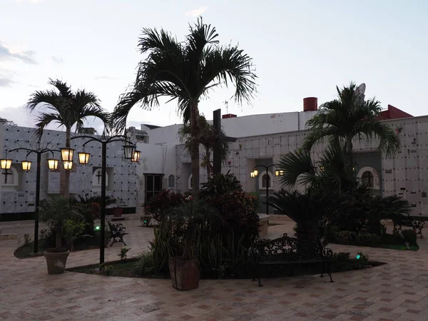 Patio Cathedral San Francisco Campeche City Mexico Palm Trees Clear — Stockfoto