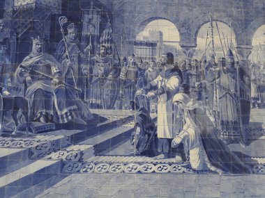 Portekiz 'in Avrupa PORTO kentindeki Sao Bento tren istasyonunda mavi azulejo fayans dekorasyon paneli
