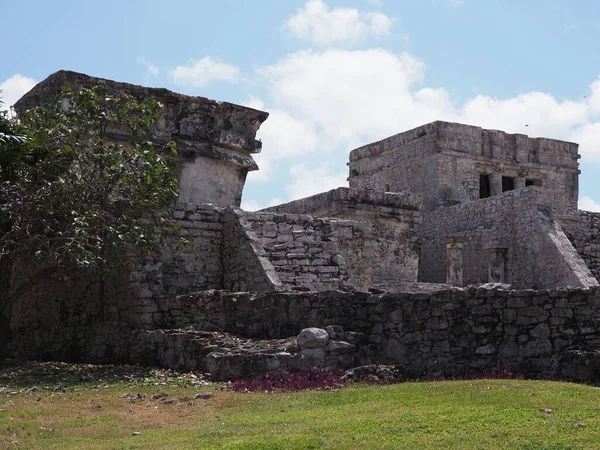 Πέτρινος ναός του θεού των ανέμων στην πόλη TULUM στο Μεξικό σε χλοώδες πεδίο — Φωτογραφία Αρχείου