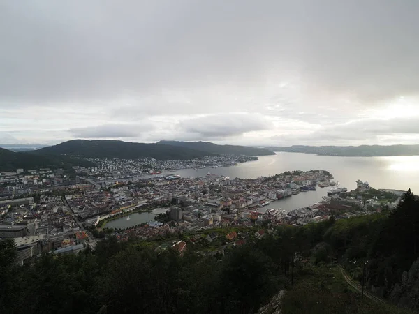 Avondzicht Europese Stad Bergen Fjord Het District Hordaland Noorwegen Met — Stockfoto