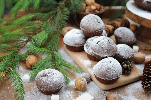 Muffin de chocolate com pó de açúcar e decorações de férias — Fotografia de Stock
