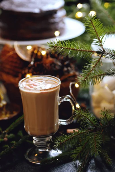 杯热可可与漂亮的圣诞装饰品迷你棉花糖 — 图库照片