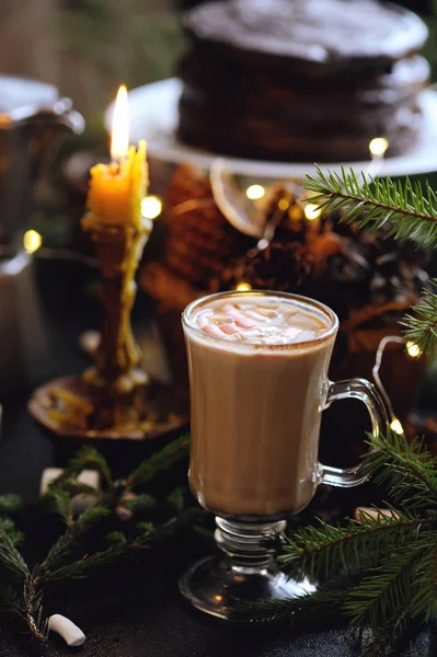 Cup of hot cocoa with mini marshmallows with beautiful Christmas decorations — Stock Photo, Image