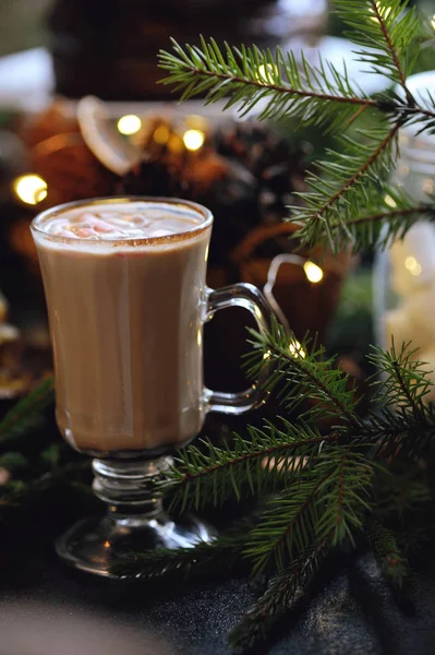 Чашка горячего какао с зефиром и красивыми рождественскими украшениями — стоковое фото