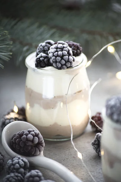 Winter Milk Dessert Frozen Blackberry — Stock Photo, Image