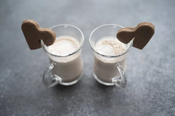 cups with cocoa and cookies-hearts. Valentine\'s Day