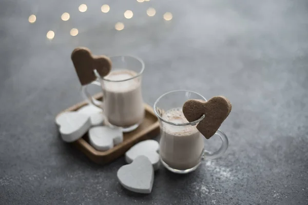 cups with cocoa and cookies-hearts. Valentine's Day