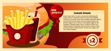 Fast food, renkli afiş, el ilanı dağıtımı için. Patates kızartması, gazlı içecek. Sulu hamburger. Reklam Restoran Menü, diner. Lezzetli yemek. Metin etiketi için şablon