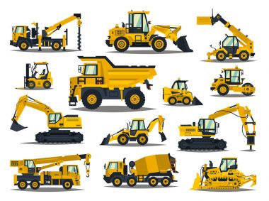İnşaat ekipmanları büyük kümesi. Özel makineleri, inşaat işi için. Forklift, Vinç, Ekskavatör, Traktörler, buldozerler, kamyon. Yangın önleyici donatım. Yol onarım. Ticari araçlar.