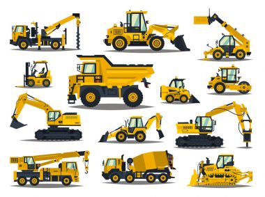 Big set of construction equipment. Special machines for the construction work. Forklifts, cranes, excavators, tractors, bulldozers, trucks. Special equipment. Road repair. Commercial Vehicles. clipart