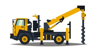 Kamyon sondaj. Beyaz bir arka plan üzerinde sarı, yalıtım. Sondaj. Çapa kamyon. İnşaat Makinaları. Arazi kırma. Vektör çizim. Düz stil