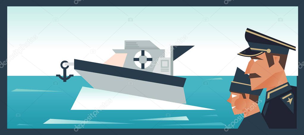 Sergeant ship and sailor, boat, yacht in the sea. Vector illustration