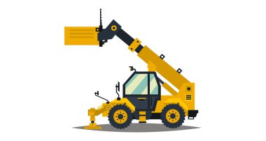 Sarı telehandler. Beyaz arka plan üzerinde izole. Yangın önleyici donatım. İnşaat makine. Ticari araçlar. Vektör çizim. Düz stil