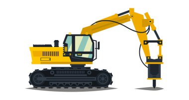 Tarak onun çekiç ile. Hidrolik kırıcı. Sarı, beyaz arka plan üzerinde izole. İnşaat Makinaları. Yangın önleyici donatım. Vektör çizim. Düz stil