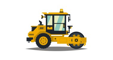 Beyaz arka plan üzerinde izole sarı asfalt Kompaktör. İnşaat Makinaları. Yangın önleyici donatım. Yol onarım. Vektör çizim. Düz stil