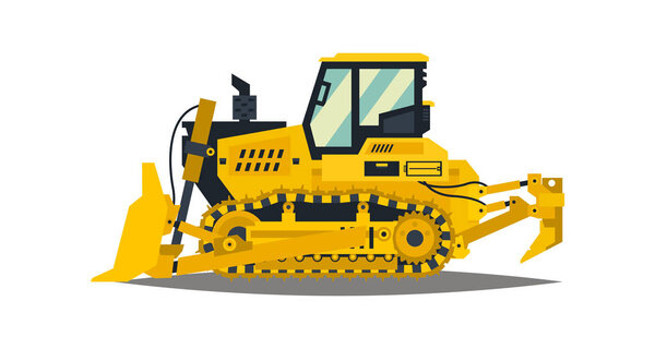 Bulldozer. Tracked vehicles, tractor. Yellow, isolated on white background. Plowman, digger. Vector illustration.