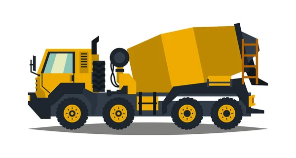 Бетономешалка. Желтый грузовик со специальным оборудованием. Изолированный на белом фоне. Строительная техника. Плоский стиль — стоковый вектор