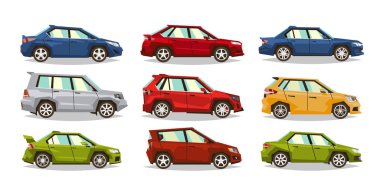 Araçları kümesi. Toplama aracı. Sedan, hatchback, roadster, Suv. Oyuncak makineleri görüntüsü. Beyaz bir arka plan üzerinde izole nesneleri. Vektör çizim. Düz stil