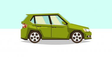 Araba hatchback. Yan görünümü. Ulaşım Seyahat için. Gaz motoru. Alaşım jantlar. Vektör çizim. Düz stil