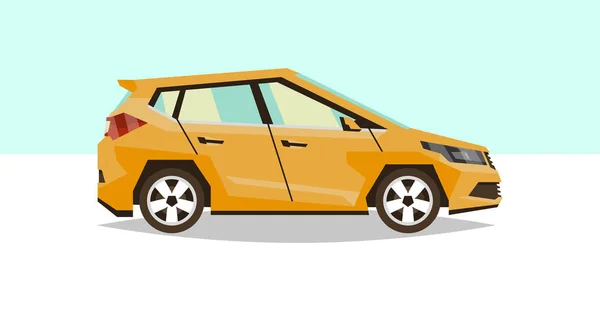 Hatchback carro laranja. Vista lateral. Transporte para viagens. Motor a gás. Rodas de liga. Ilustração vetorial. Estilo plano —  Vetores de Stock