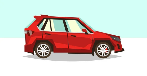 Carro vermelho SUV. Vista lateral. Transporte para viagens. Motor a gás. Rodas de liga. Ilustração vetorial. Estilo plano — Vetor de Stock