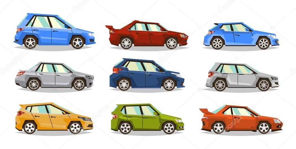 Set of cars. Collection vehicle. Sedan, hatchback, roadster, SUV. The image of toy machines. Isolated objects on a white background. Vector illustration. Flat style