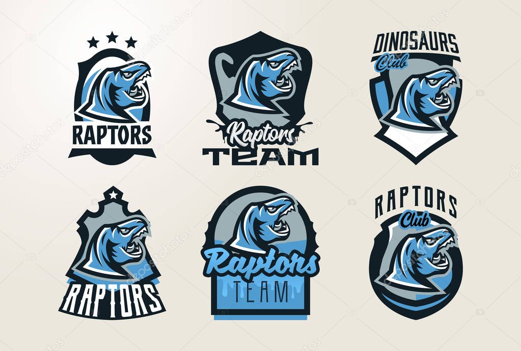 A collection of emblems, stickers, badges, logos of the dinosaurs head. Predator Jurassic, dangerous beast, extinct animal, jaw and sharp teeth. Lettering, shield, printing Vector illustration