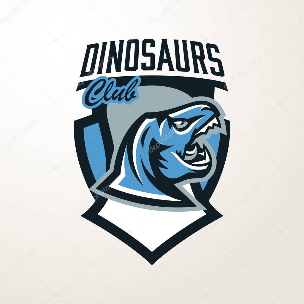 Emblem, sticker, badge, dinosaur head logo. Predator Jurassic, a dangerous beast, an extinct animal, a mascot, a jaw and sharp teeth. Lettering, shield printing Vector illustration