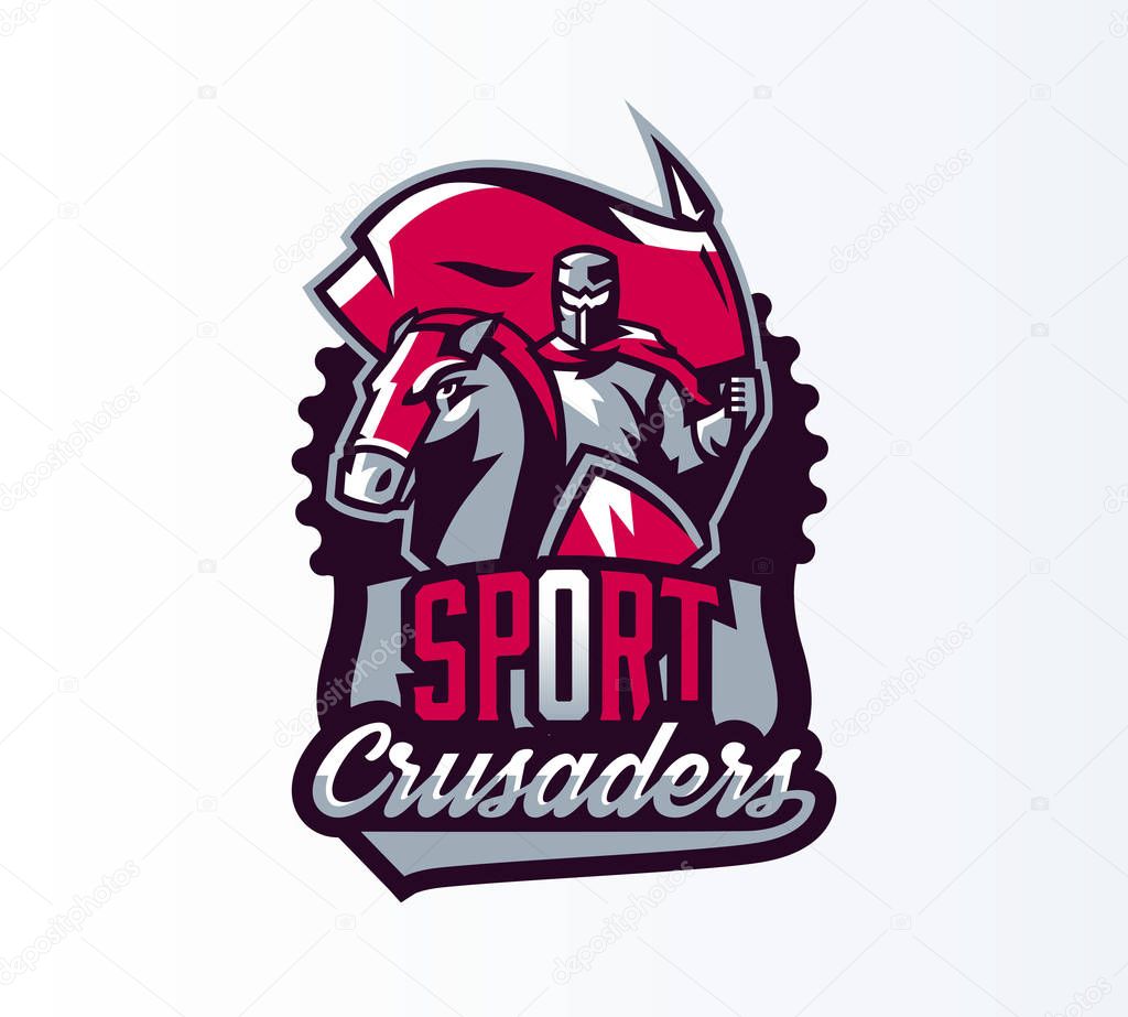 Emblem, logo, sticker, knight with flag on horseback. Crusader, swordsman, warrior, armor, banner, stallion. Shield lettering print Vector illustration.