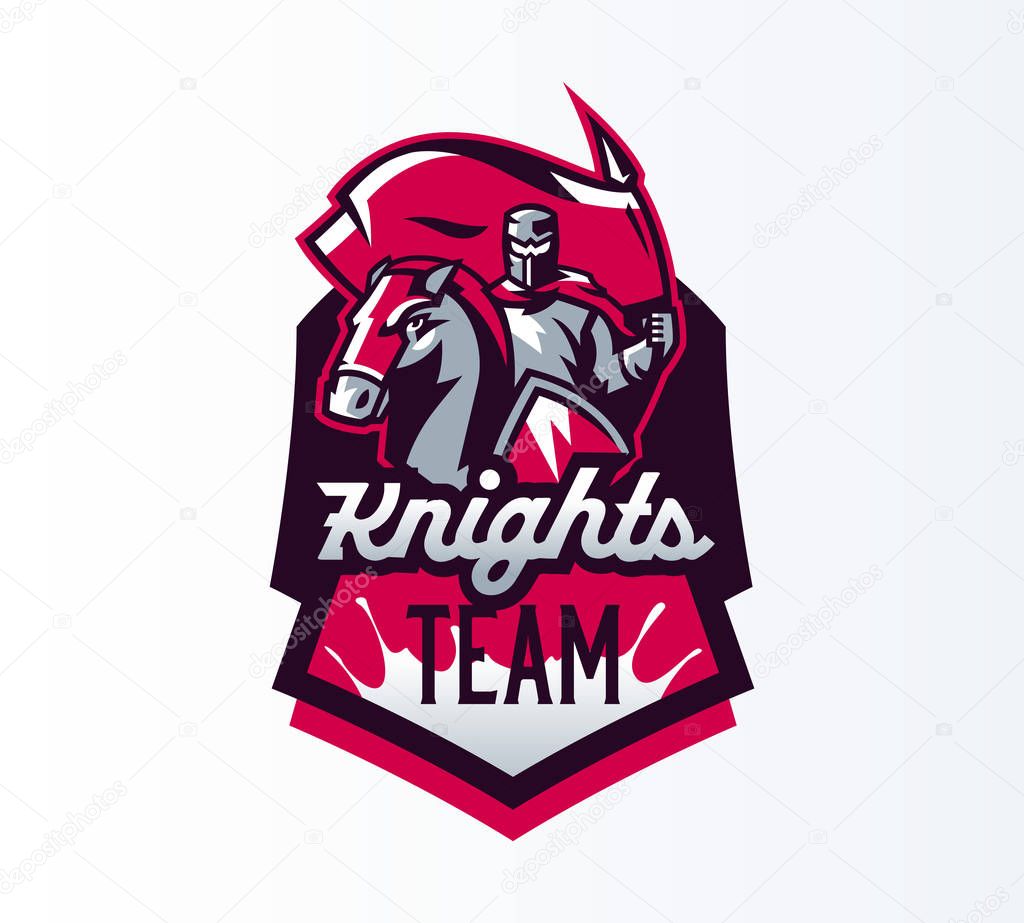 Emblem, logo, sticker, knight with flag on horseback. Crusader, swordsman, warrior, armor, banner, stallion. Shield lettering print Vector illustration.