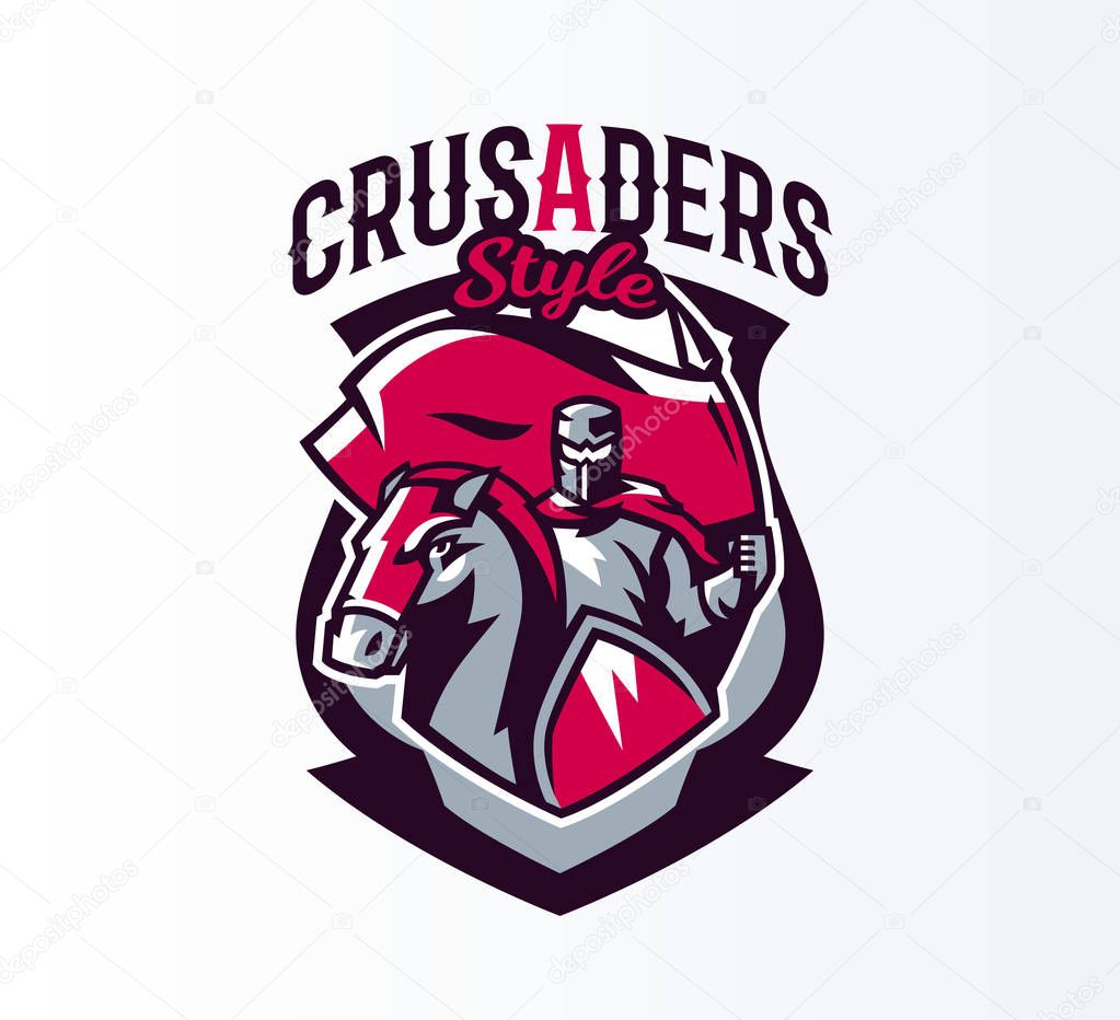Emblem, logo, sticker, knight with flag on horseback. Crusader, swordsman, warrior, armor, banner, stallion. Shield lettering print Vector illustration.