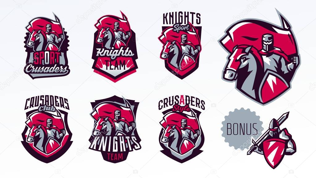 A set of emblems, logos, stickers, a knight with a flag on a horse. Crusader, swordsman, warrior, armor, banner, stallion. Shield lettering print Vector illustration