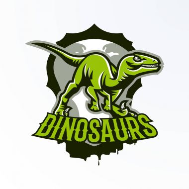 Amblem, rozet, etiket, dinozor logo Ava. Predator Jurassic, tehlikeli bir canavar, soyu tükenmiş bir hayvan, bir maskot. Yazı, kalkan, yazdırma. Vektör çizim