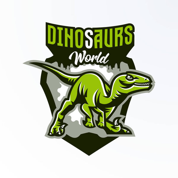 Эмблема, значок, наклейка, логотип динозавра на охоте. Хищник Юрский, опасный зверь, вымершее животное, талисман. Письмо, щит, отпечаток. Векторная иллюстрация
