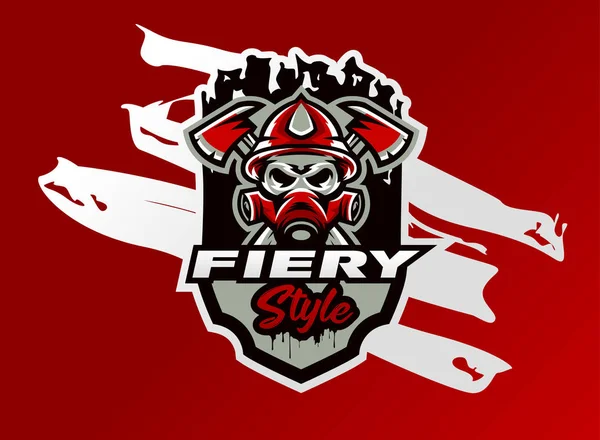 Vector illustration of a fireman s skull in a gas mask on a background of two axes. Protection, rescue squad, uniform, bones, tools, fire, shield, logo, lettering, print Stock Illustration