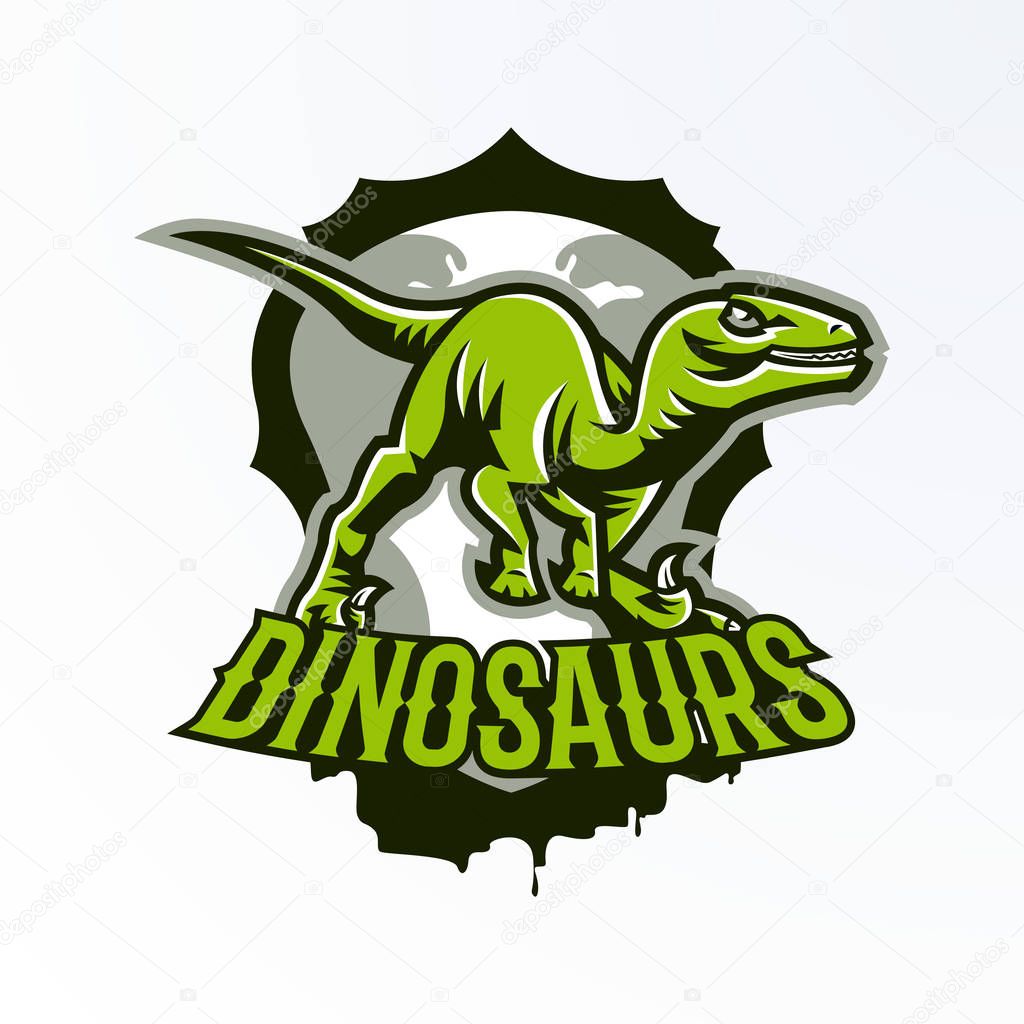 Emblem, badge, sticker, dinosaur logo on the hunt. Predator Jurassic, a dangerous beast, an extinct animal, a mascot. Lettering, shield, print. Vector illustration.