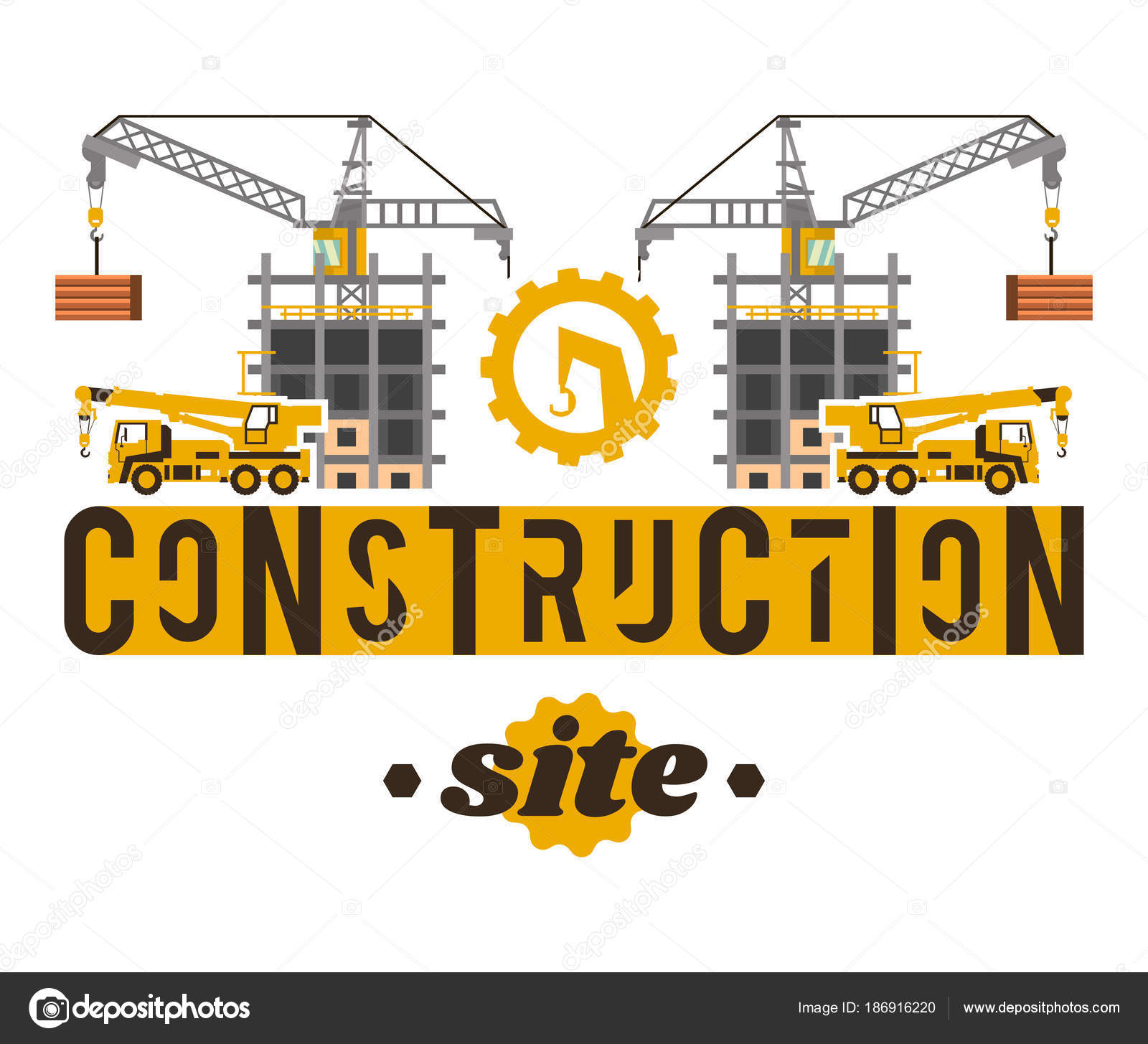 Construction site. Crane lifting concrete slabs. Lettering on the ...