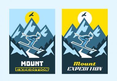 Davetiyeler dağ sefer için ayarlayın. Basılı reklamlar, kartpostallar, tebrik için tasarım. Temiz hava, Hiking. Dağ sürme kayakçı. Doğa görünümü. Bulutlarda uçan kartal. Vektör çizim